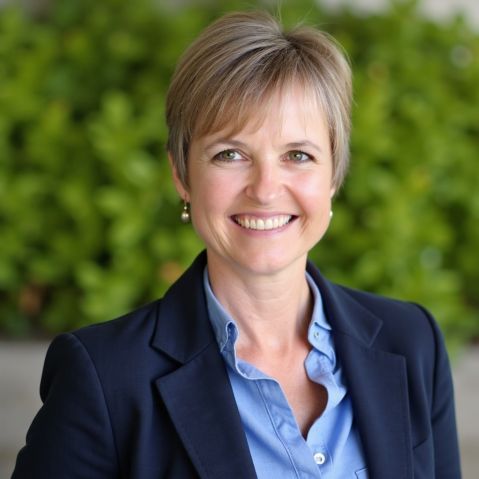 Julie Pollock stands in front of greenery.