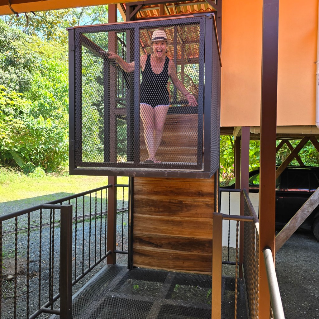 A woman smiling while standing in a custom elevator installation, showcasing its design and accessibility features amidst a lush green backdrop.